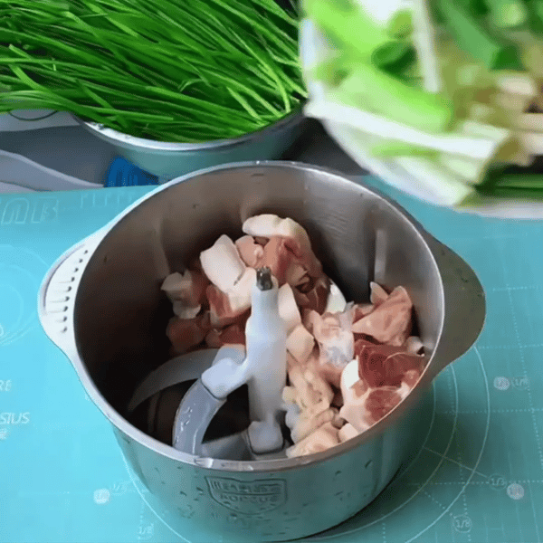 Mujer feliz preparando comida rápidamente con un procesador de alimentos